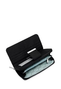 Black fabric wallet with a zip closure, featuring card slots, a clear ID window, and a patterned light blue interior accented by a zippered compartment.