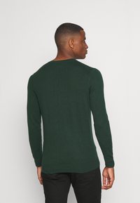 Maglione verde lavorato a maglia con maniche lunghe, scollatura rotonda, polsi e orlo a coste, texture liscia e design aderente.
