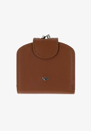 Porte-monnaie en cuir marron avec fermoir argenté et petit logo embossé centré sur le devant, sur fond blanc.