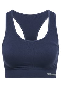 Granatowy stanik sportowy z wycięciem na plecach, gładką teksturą oraz wspierającym pasem z subtelnym logo na dolnej krawędzi.