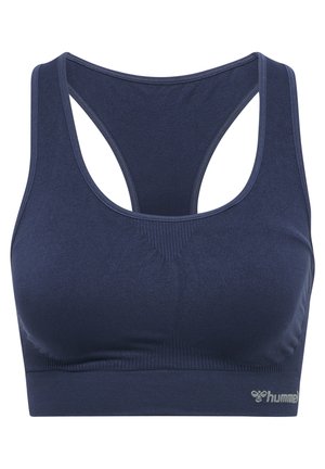 Marinefarbener Sport-BH mit Racerback-Design, glatter Textur und einem stützenden Bund mit dezentem Logo-Detail am unteren Rand.