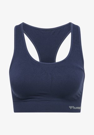 Marinefarbener Sport-BH mit Racerback-Design, glatter Textur und einem stützenden Bund mit dezentem Logo-Detail am unteren Rand.