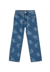 Jeans de denim con un patrón floral en azul claro. Presentan un diseño de pierna recta, cinco bolsillos y un cierre con botón metálico en la cintura.