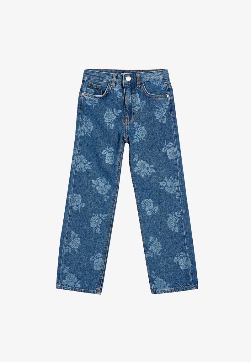 Jeans de denim con un patrón floral en azul claro. Presentan un diseño de pierna recta, cinco bolsillos y un cierre con botón metálico en la cintura.