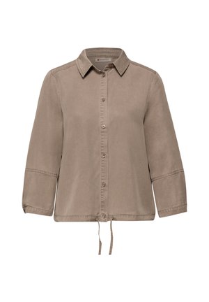 Chemise taupe à manches longues avec boutons, col et cordons réglables à l'ourlet, tissu lisse et coupe décontractée.