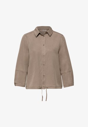 Koszula na guziki w kolorze taupe z długim rękawem, kołnierzem i regulowanymi sznureczkami u dołu, wykonana z gładkiej tkaniny o luźnym kroju.