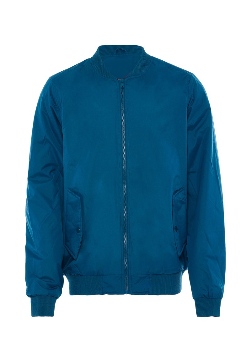 Giacca bomber teal con zip frontale, colletto e polsini a coste, tasche laterali e una finitura liscia e lucida. Vestibilità standard e materiale leggero.
