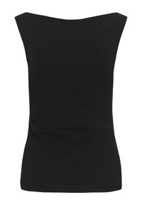 Haut noir sans manches avec un large décolleté bateau et une taille ajustée, vu de face.