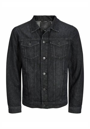 Černá džínová bunda s knoflíkovou přední stranou, dvěma náprsními kapsami s klopami, límcem a dlouhými rukávy, zobrazena na bílém pozadí.