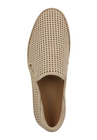 Beige Slipper mit durchbrochener Optik, weichem Wildledermaterial, runder Zehenform und gepolstertem Fußbett für Komfort.
