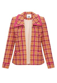 Veste cintrée pour femme avec motif à carreaux orange, rose et noir, bordure rose, col cranté et doublure intérieure beige.