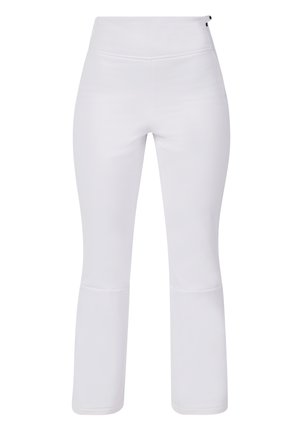 Pantaloni sportivi bianchi con un design aderente, dotati di una vita alta e un leggero svaso alle caviglie. Realizzati in materiale liscio ed elastico.
