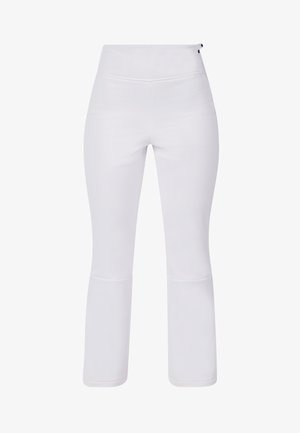 Pantaloni sportivi bianchi con un design aderente, dotati di una vita alta e un leggero svaso alle caviglie. Realizzati in materiale liscio ed elastico.