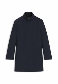 Cappotto blu navy con colletto alto, chiusura frontale con bottoni e due tasche laterali. Tessuto morbido con una vestibilità dritta e sagomata.