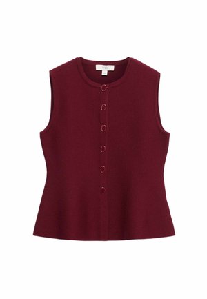 Burgunderfarbener ärmelloser Top aus Strickstoff, mit Rundhalsausschnitt und sechs dekorativen Knöpfen vorne, die kreisförmige Akzente setzen.