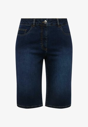 Tmavě modré denimové šortky se rovný střih, s knoflíkovým zapínáním, pěti kapsami a kontrastním žlutým prošíváním podél švů.