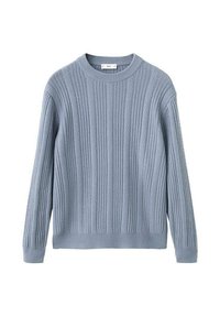 Jasnoniebieski sweter dziergany o prążkowanej fakturze, z długimi rękawami i okrągłym dekoltem. Charakteryzuje się luźnym krojem i subtelnymi detalami.