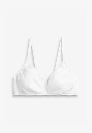 Weißer BH aus glattem Stoff, mit Bügelunterstützung und Spitzenverzierungen am oberen Rand. Er hat verstellbare Träger und einen Baumwollakzent auf der Vorderseite.