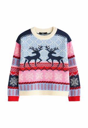 Pull à col rond avec des motifs bleus, roses, rouges et crème, présentant deux rennes bleu marine se faisant face et des motifs de flocons de neige.