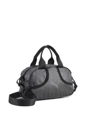 Petit sac à main gris Puma avec des poignées noires, une bandoulière noire amovible et un logo Puma discret à l'avant.