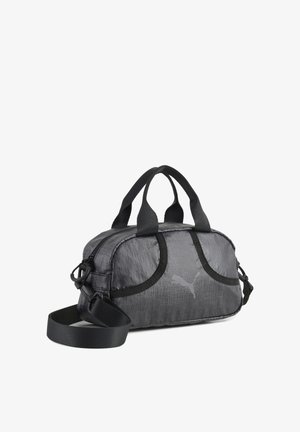 Petit sac à main gris Puma avec des poignées noires, une bandoulière noire amovible et un logo Puma discret à l'avant.