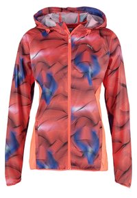 Veste à capuche zippée pour femme avec motifs abstraits ondulés rouges, bleus et roses et panneaux latéraux unis couleur corail.