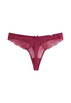 Rød blonde-thong med blomstermønster og lille dekorativ sløjfe foran i midten på en hvid baggrund.