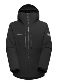 Black waterproof jacket with a high collar, front zipper, two chest pockets, and logo on the sleeve. Features smooth fabric and adjustable cuffs.