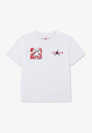 White short-sleeve T-shirt with faded red number 23 and black Jumpman logo with red "JORDAN" text on the chest.