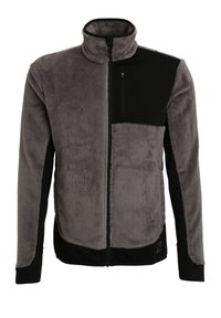 Grå och svart fleecetröja med fullständig dragkedja fram, hög krage, dragkedjeförsedd bröstficka och långa ärmar.