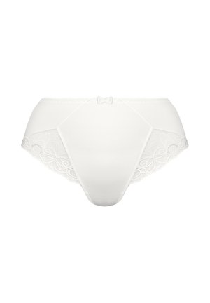 Witte strings met een gladde stoffen voorkant en verfijnde kant zijpanelen. Ontworpen met een klein strikaccent aan de achterkant in het midden.