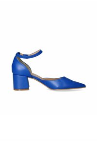 Scarpa con tacco alto in pelle blu, punta affilata e tacco a blocco largo. Presenta una cinghia alla caviglia e una superficie liscia.