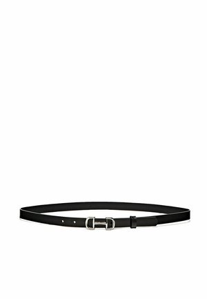 Black leather belt with a silver double-ring buckle and three adjustment holes on a white background.