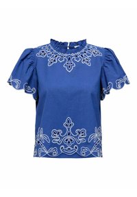 Top in cotone blu con scollatura arricciata, maniche a palloncino corte e motivi floreali ricamati in bianco sul colletto e sull'orlo.