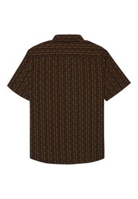 Schwarzes Kurzarmhemd mit braunen vertikalen Sonnenstrahl- und Wirbelmustern, von hinten vor weißem Hintergrund gezeigt.