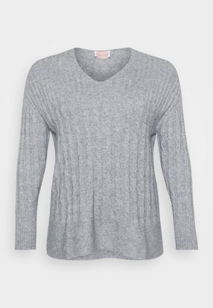 Gray knitted sweater featuring a V-neck, ribbed cuffs, and a textured design with vertical lines and a slightly loose fit.