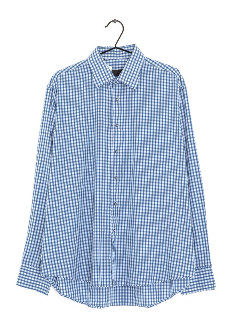 Sinivalkoinen ruudullinen pitkähihaisen shirt, jossa on napitettava etuosa, terävä kaulus ja kaareva helma, sekä löysä istuvuus.
