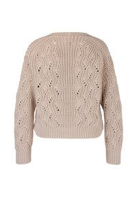 Beige gestrickter Pullover mit Wellenmuster, rundem Ausschnitt und gerippten Bündchen. Verfügt über ein Offene-Strick-Design mit verkürztem Schnitt.