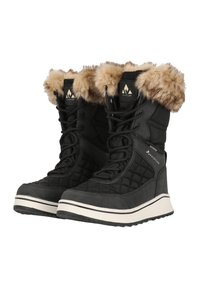 Svarta vinterstövlar med kviltad design, faux fur-krage och snörning. Har vit sula och detaljer för grepp. Vattentåligt material.