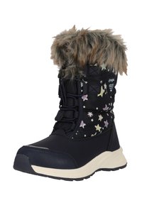 Zwarte sneeuwlaars met een faux bont manchet, textiel bovenwerk met sterrenpatroon, vetersluiting en een dikke witte zool voor isolatie en grip.