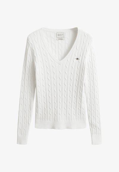 STRETCH CABLE V-NECK - Pullover - eggshell