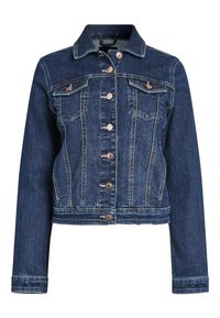 Kurtka jeansowa w ciemnym niebieskim kolorze o krótkim fasonie, z metalowymi guzikami, dwoma przednimi kieszeniami i klasycznym kołnierzem. Charakteryzuje się jasnymi przeszyciami.