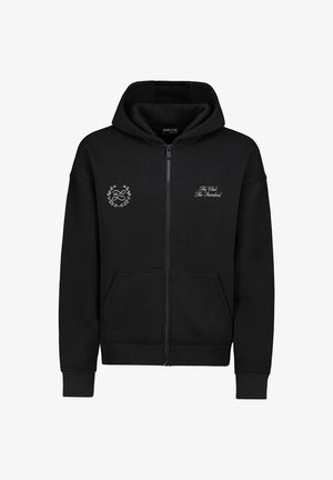 Schwarzer Kapuzenpullover mit Reißverschluss, aus weichem Baumwollmischgewebe, mit Kängurutaschen, gerippten Bündchen, mit weiß gesticktem Logo und Text auf der linken Brust. Große Kapuze.