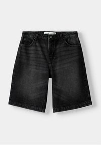 Black denim shorts with a straight leg design, five pockets, and a button closure. Fabric shows a subtle texture and slight fade details.
