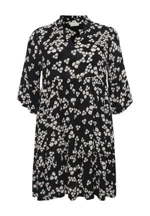 Sorte blomsterkjole med korte ærmer, med rund halsudskæring og draperet talje. Hvidt og pink blomstermønster over hele stoffet.