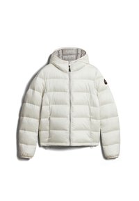 Biała kurtka puchowa z zamkiem błyskawicznym, kapturem i pikowanym wzorem. Wykonana z gładkiego, lekkiego materiału z luźnym krojem.
