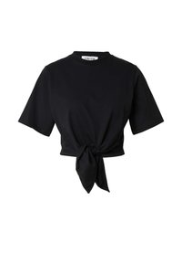 Zwarte cropped t-shirt van zachte katoen. Beschikt over korte mouwen en een knoopdetail aan de voorkant. Ronde halslijn met een eenvoudig, strak ontwerp.
