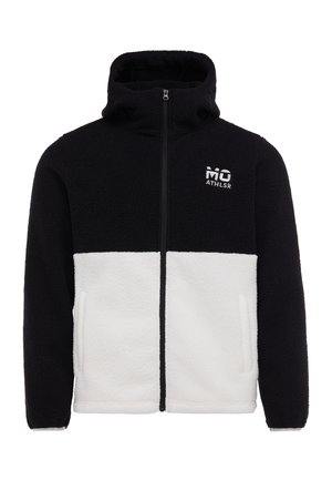 Sort og hvid fleecejakke med hætte, fuld lynlås foran, sidelommer og "MÜ ATHLSR" logo på øverste del af brystet.