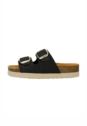 Zwarte slip-on sandaal met dubbele verstelbare gespen, kurken voetbed en een beige rubberen zool, met een gladde textuur en een open ontwerp.
