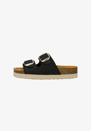 Sandale noire à enfiler avec deux boucles réglables, semelle en liège et semelle en caoutchouc beige, présentant une texture lisse et un design ouvert.